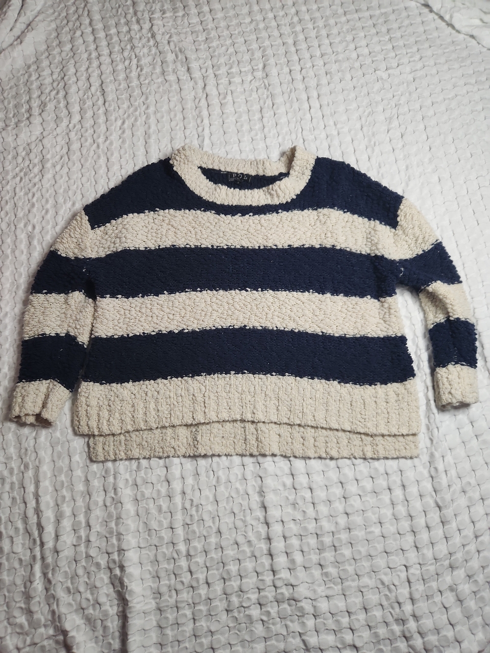 POL Navy and Cream Striped Crewneck Sweater